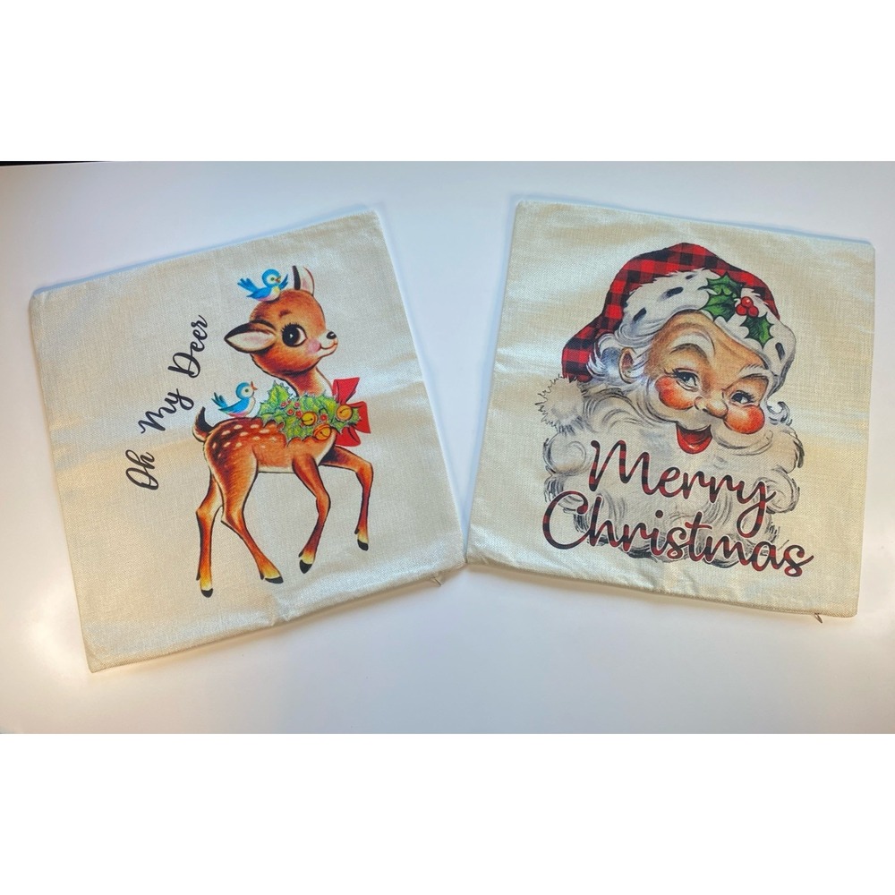 2 Christmas Pillow Covers 18" x 18" Vintage Style Reindeer Santa NWOT Holidays